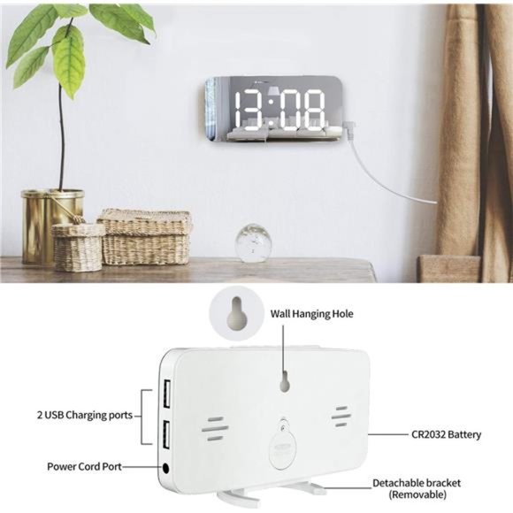 Digital Alarm Clock,Large Mirrored LED Display, with USB Charger,Snooze Function - Picture 4 of 5